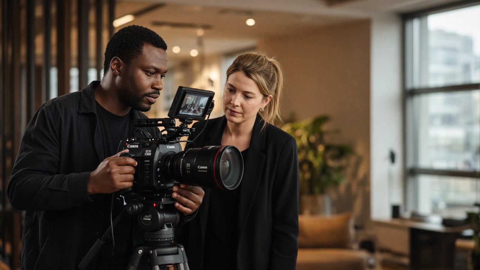 A cinematographer on a cinema camera and a producer at the monitor
