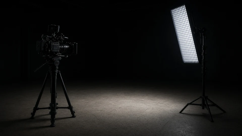 A cinema camera on a tripod beside a bright studio light
