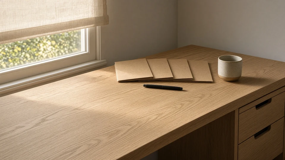 A stack of folders and a cup on a sunlit wooden desk