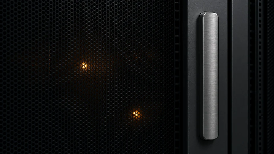 A dark perforated equipment cabinet door with two amber indicator lights